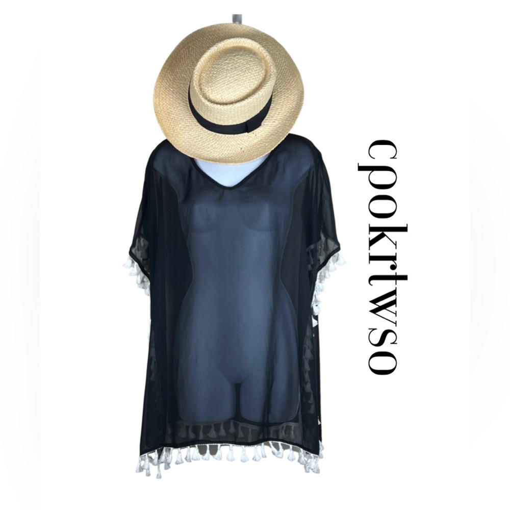 CPOKRTWSO Sheer Black Swimsuit Cover Up Tassel Trim Size S/M Beachwear NWT!